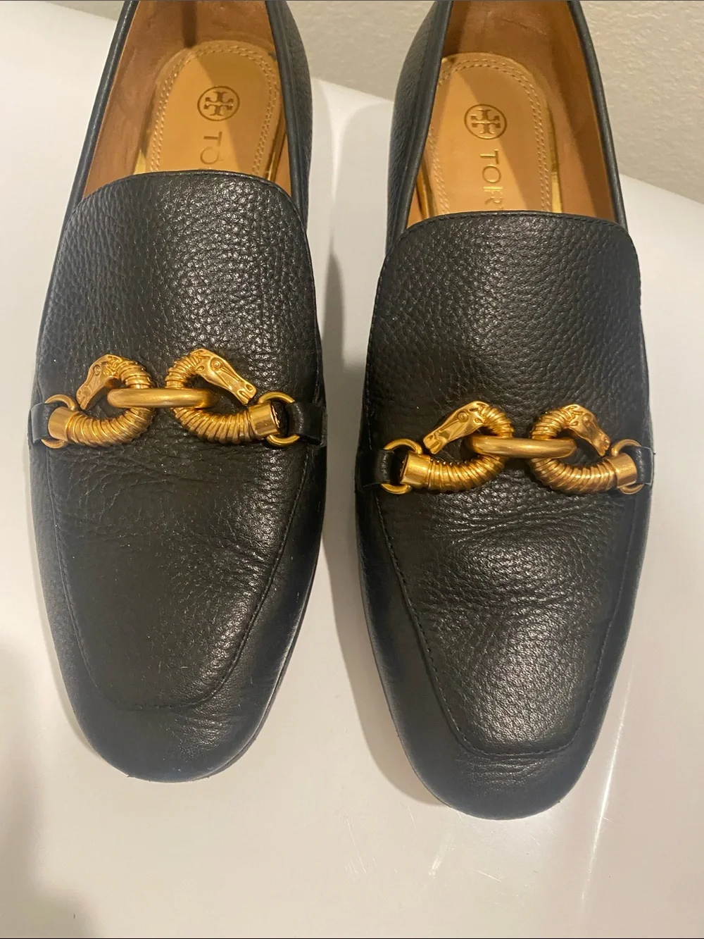 Tory Burch Black Leather Loafers with Gold Chain Hardware